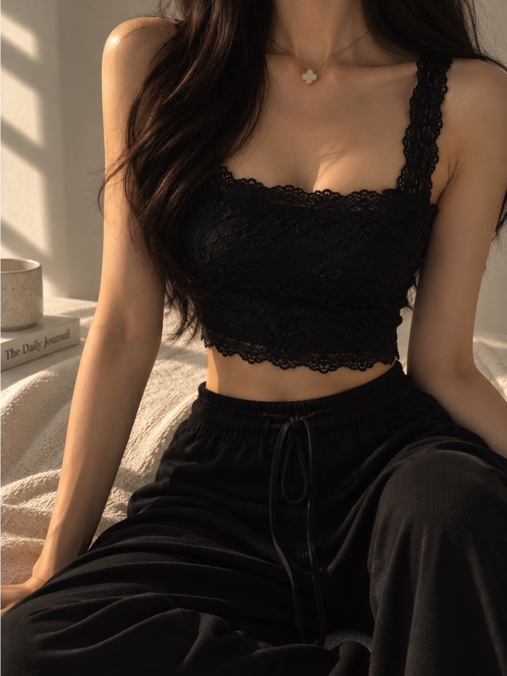 Black Lace Cropped Bralette Tank Top - Women